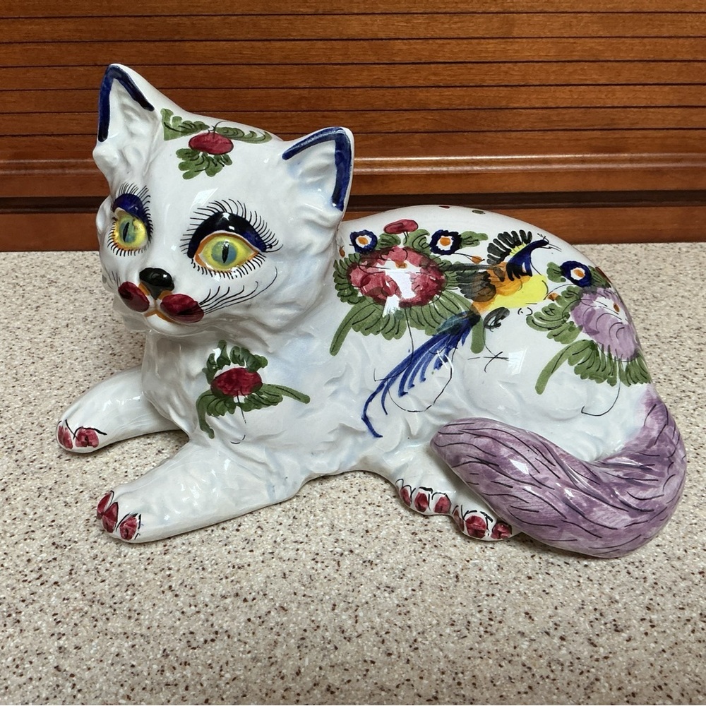 Colorful Ceramic Cat Figurine with Floral Design